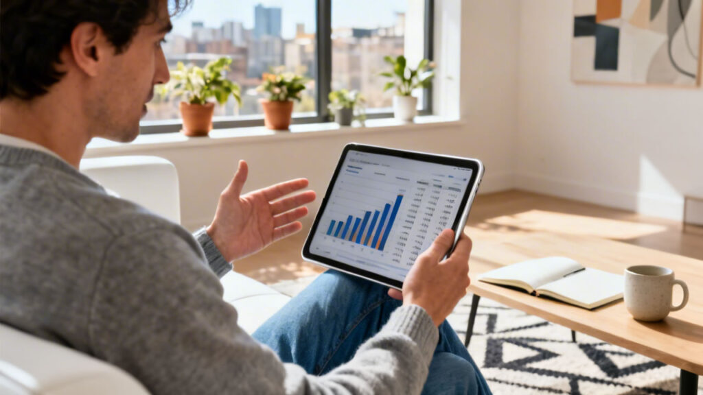 trader relaxing working on notebook